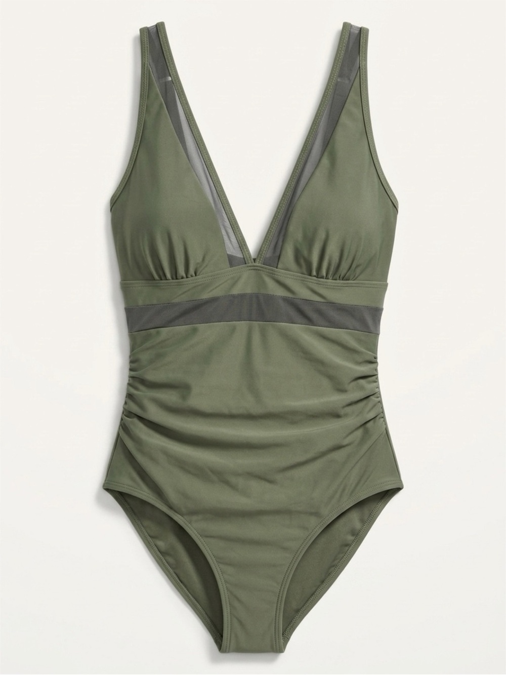 Amazon Olive Green V-Neck One-Piece Swimsuit with Dark Green Mesh Trim